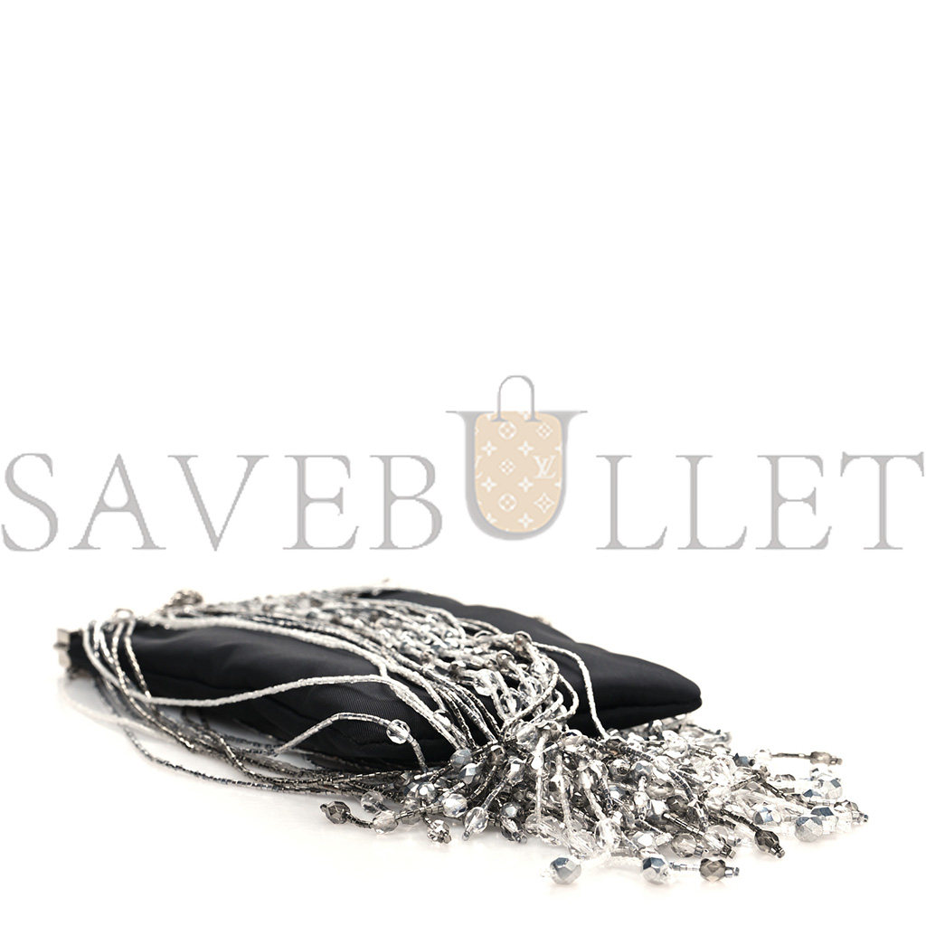 Pra*a nylon beaded fringe flat chain clutch black (20*11*1cm)