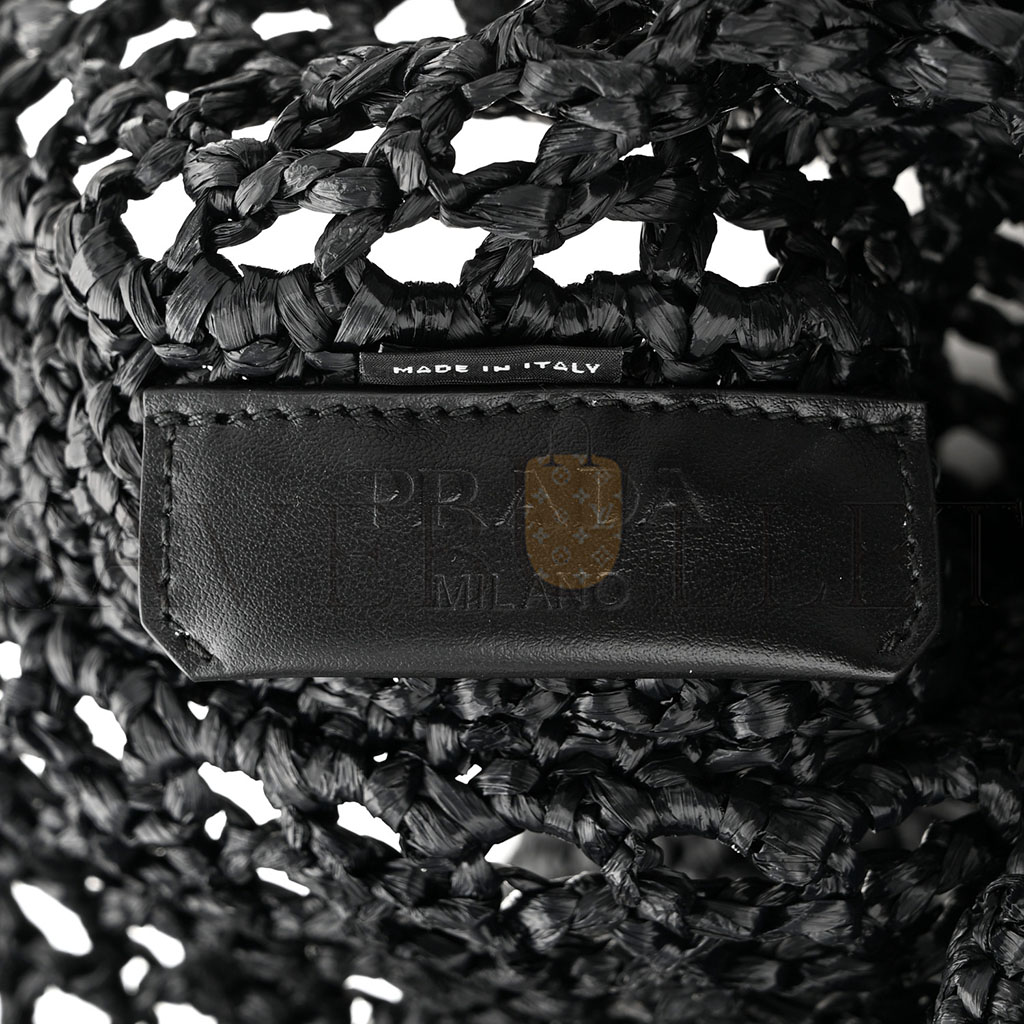 Pra*a raffia embroidered logo tote bag black (37*37*4cm)