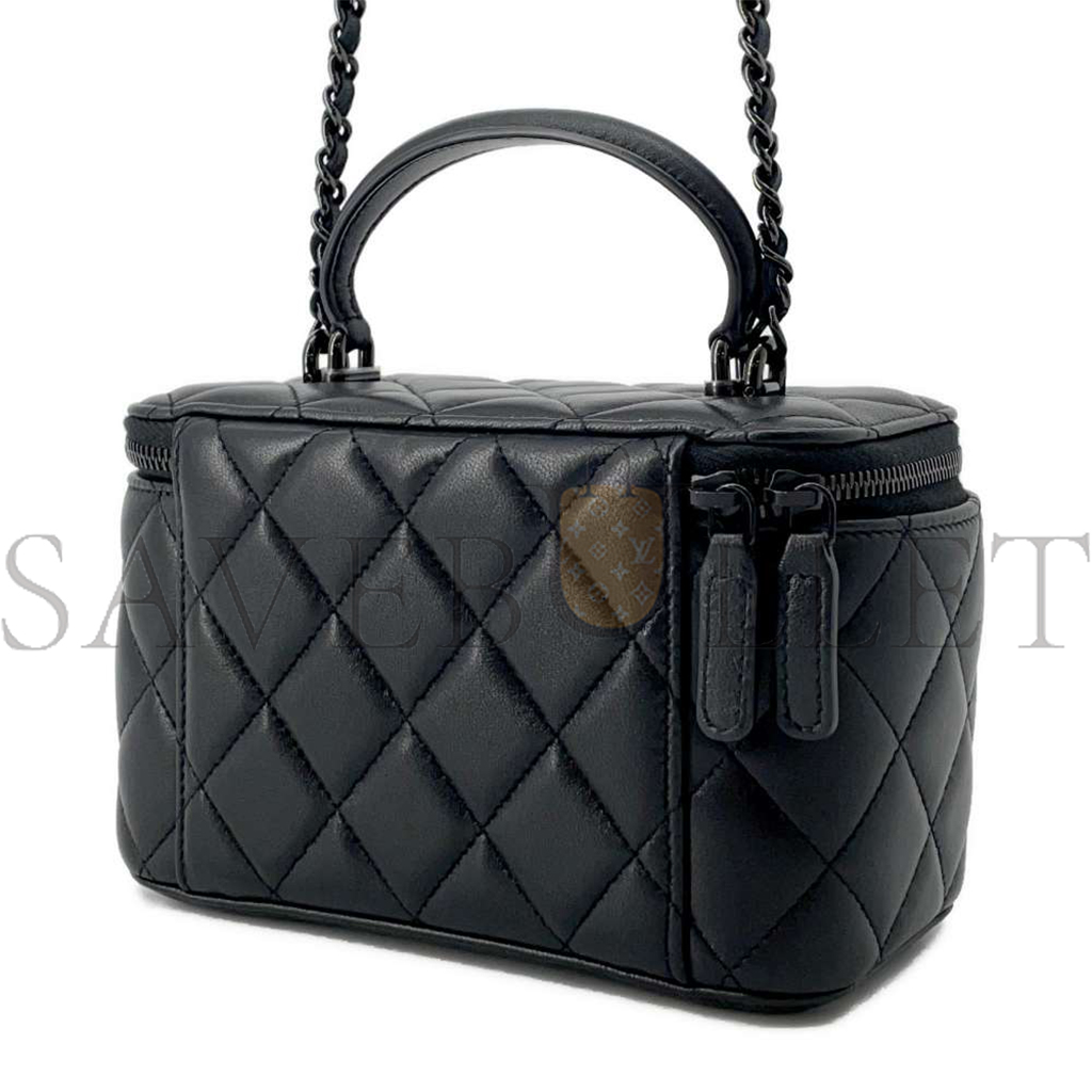 Ch*el matelasse 2way vanity case black lambskin ap2199 (16*10*8cm)