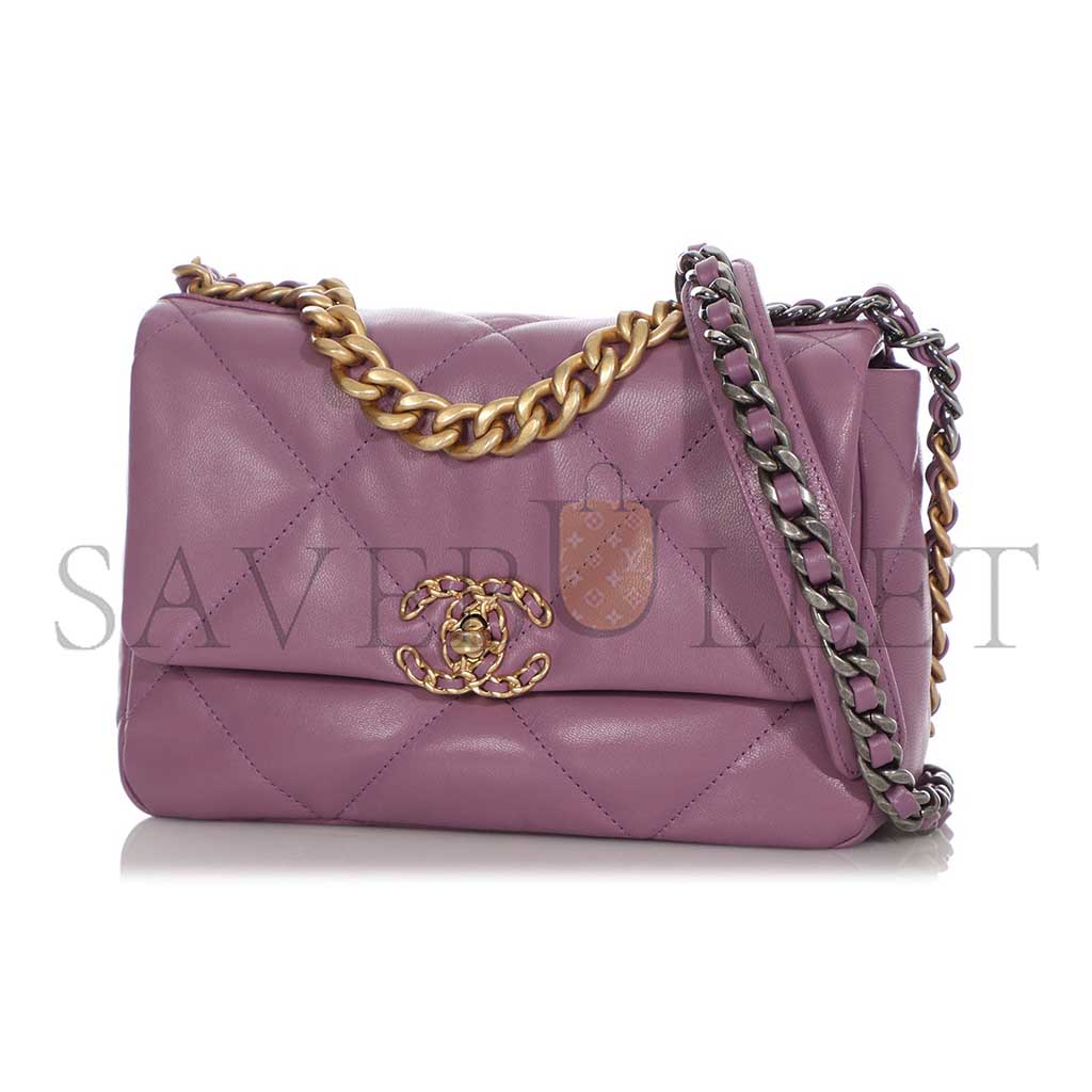 Ch*el purple quilted chÈvre medium 19 bag gold, ruthenium, and silver hardware as1160 (26*16*9cm)