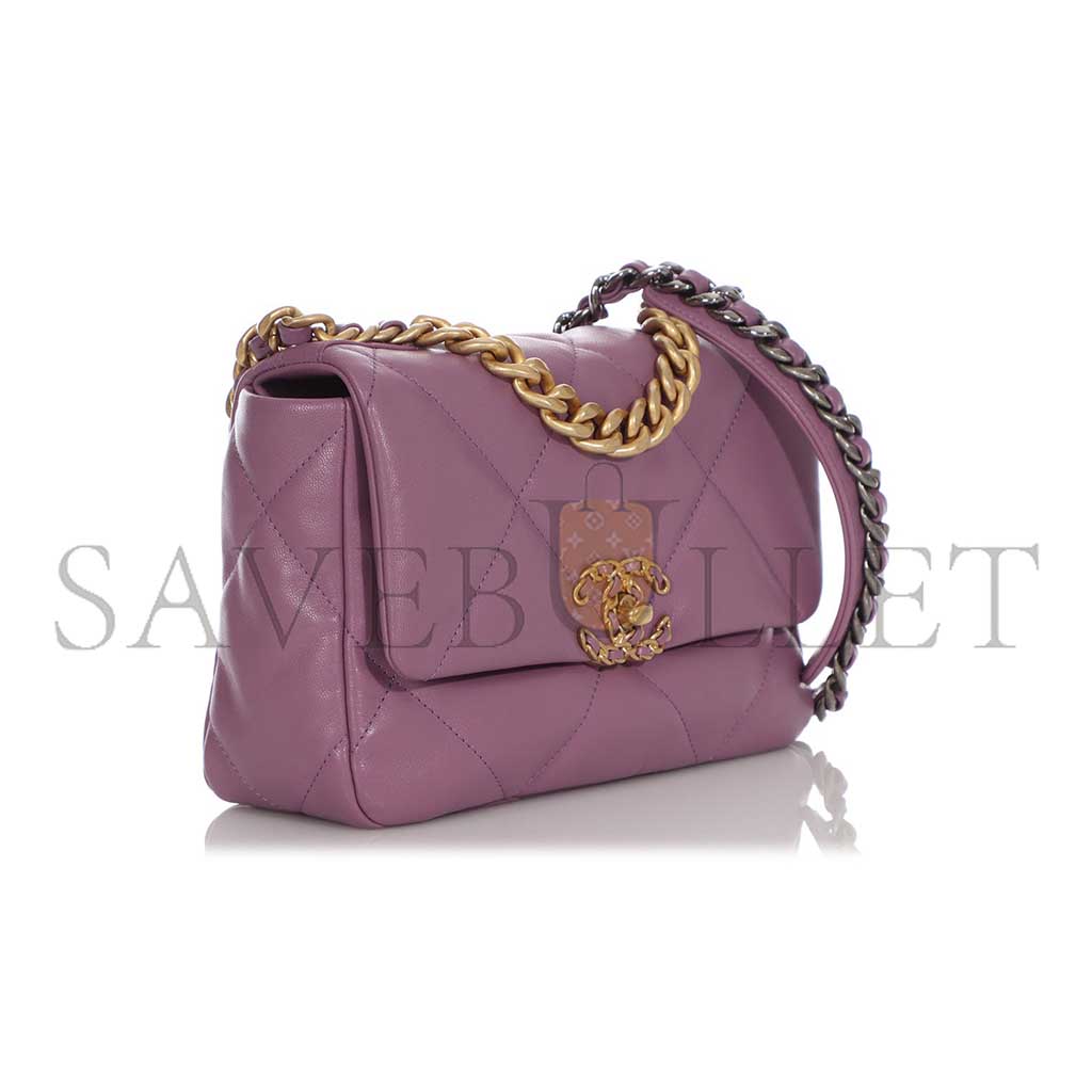Ch*el purple quilted chÈvre medium 19 bag gold, ruthenium, and silver hardware as1160 (26*16*9cm)