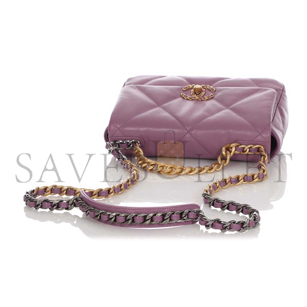 Ch*el purple quilted chÈvre medium 19 bag gold, ruthenium, and silver hardware as1160 (26*16*9cm)