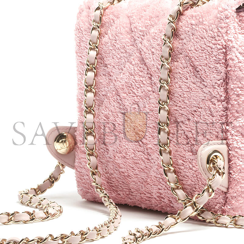 Ch**el backpack quilted sequins & gold-tone metal pink as5711 (21*17*7cm)