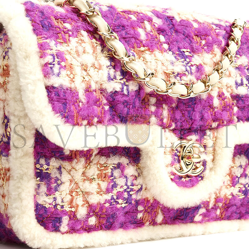Ch**el large flap bag tweed, shearling lambskin & gold-tone metal fuschia, pink, beige & brown as5686 (26.5*16.5*9cm)
