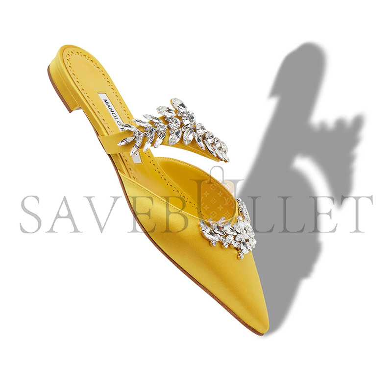 MANOLO BLAHNIK LURUMFLATUS YELLOW SATIN CRYSTAL EMBELLISHED FLAT MULES 122-1947-0004