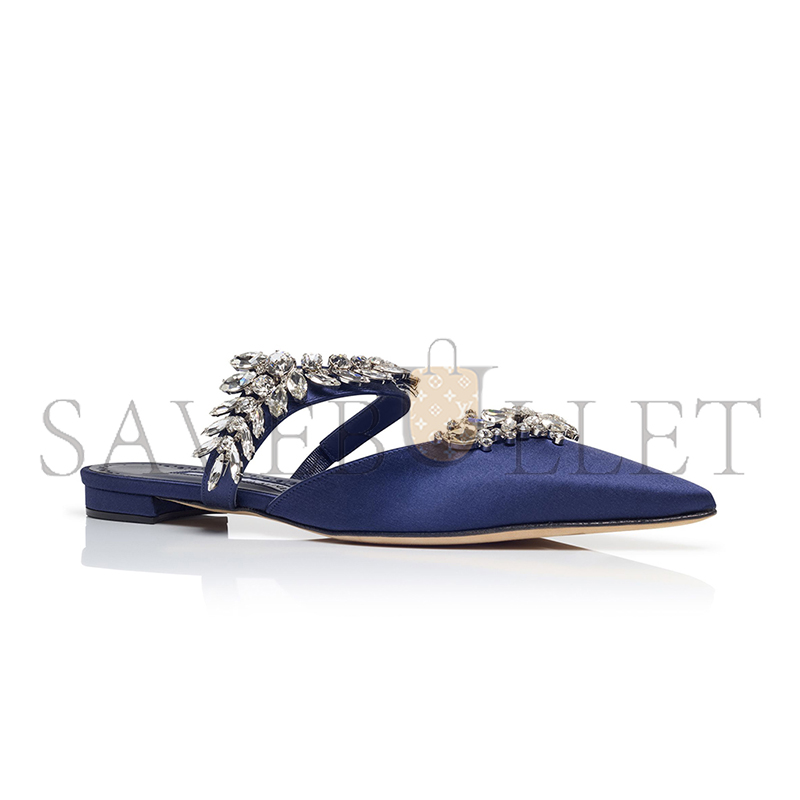 MANOLO BLAHNIK LURUMFLATUS NAVY BLUE SATIN CRYSTAL EMBELLISHED FLAT MULES 122-1947-0006