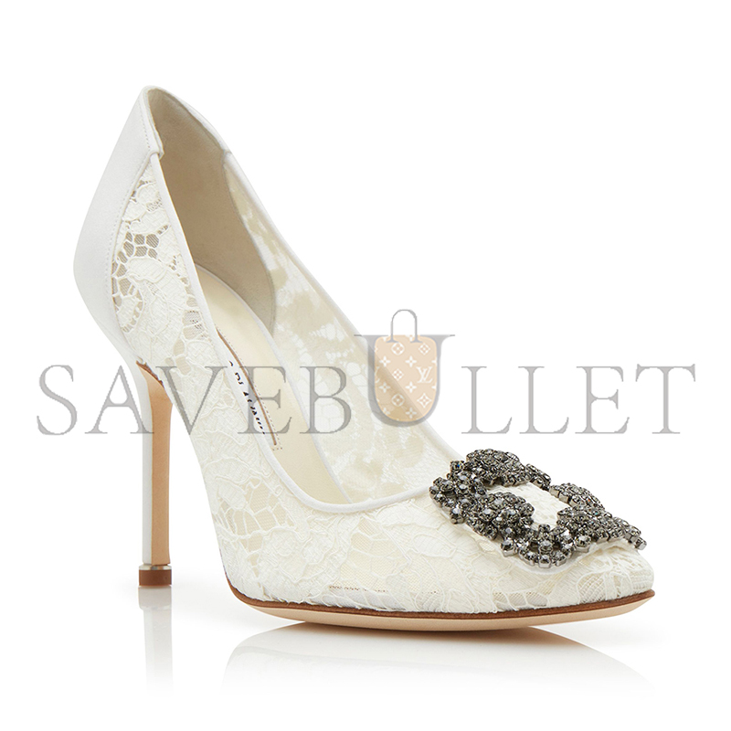MANOLO BLAHNIK HANGISI LACE LIGHT CREAM LACE JEWEL BUCKLE PUMPS 9XX-0698-0012