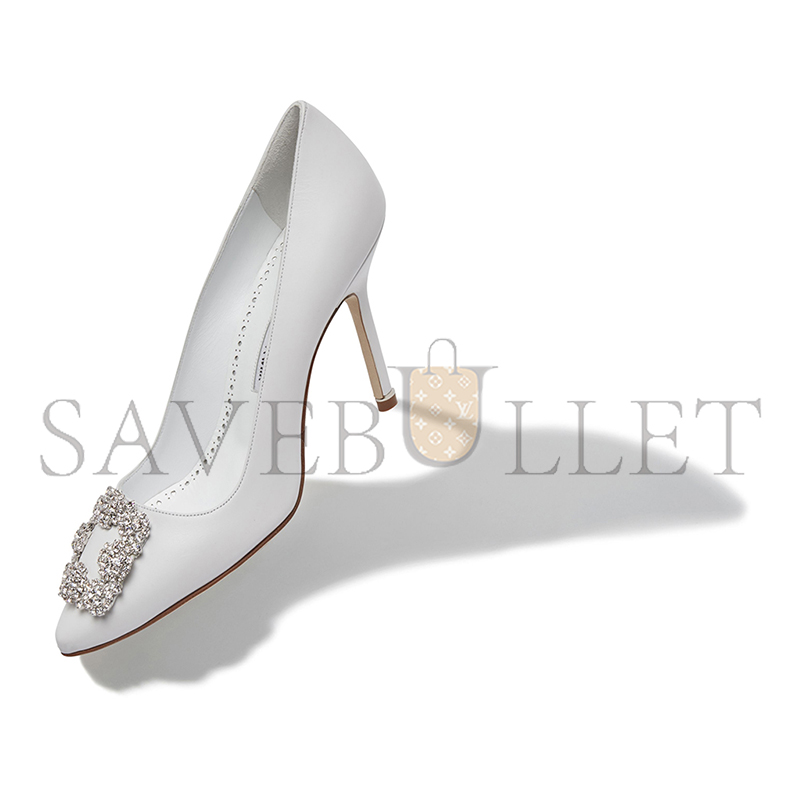 MANOLO BLAHNIK HANGISIUS WHITE CALF LEATHER JEWEL BUCKLE PUMPS 121-1656-0001