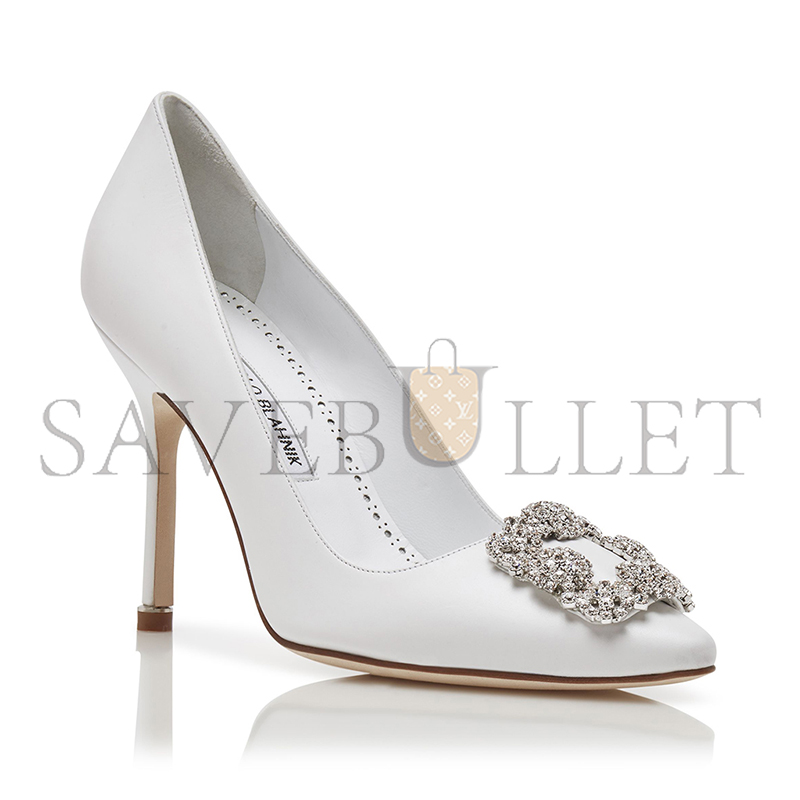 MANOLO BLAHNIK HANGISIUS WHITE CALF LEATHER JEWEL BUCKLE PUMPS 121-1656-0001