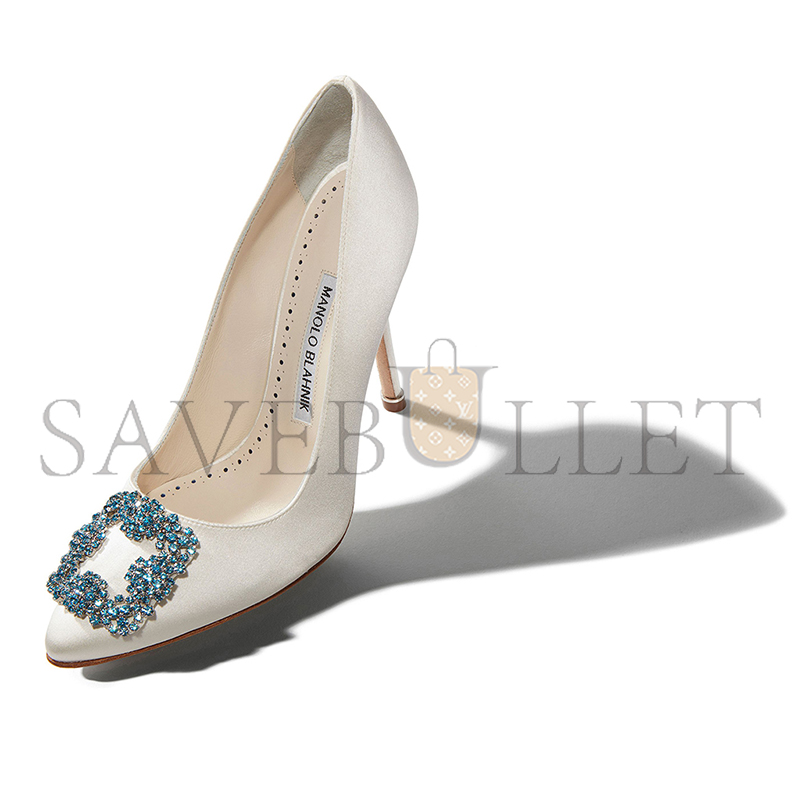 MANOLO BLAHNIK HANGISI BRIDE WHITE SATIN JEWEL BUCKLE PUMPS 9XX-0002-0002