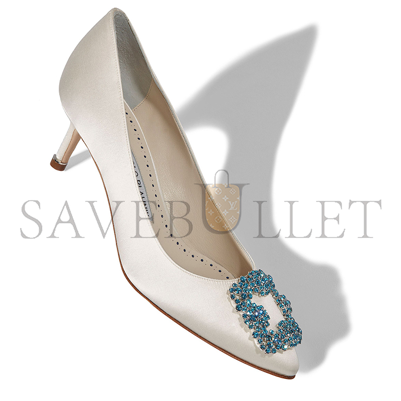 MANOLO BLAHNIK HANGISI BRIDE 50 WHITE SATIN JEWEL BUCKLE PUMPS 9XX-0001-0002