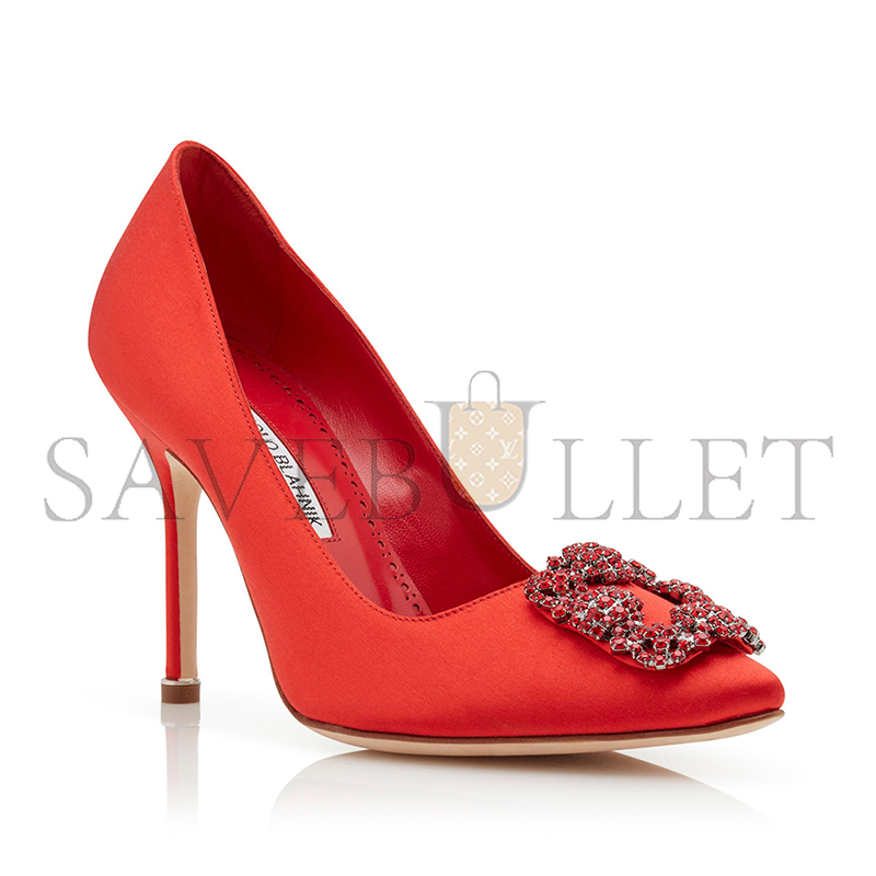MANOLO BLAHNIK HANGISI RED RED SATIN JEWEL BUCKLE PUMPS 422-1409-0001