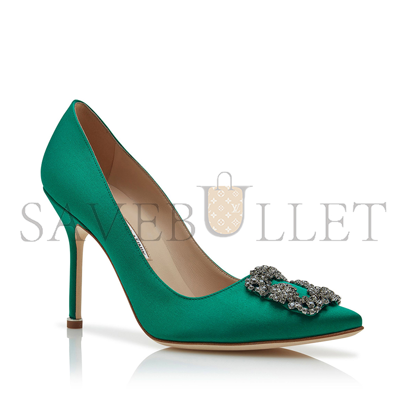 MANOLO BLAHNIK HANGISI GREEN SATIN JEWEL BUCKLE PUMPS 9XX-0664-0048