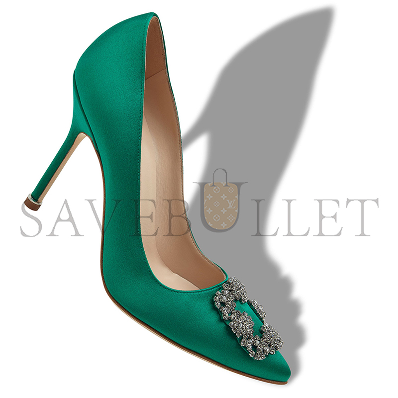 MANOLO BLAHNIK HANGISI GREEN SATIN JEWEL BUCKLE PUMPS 9XX-0664-0048