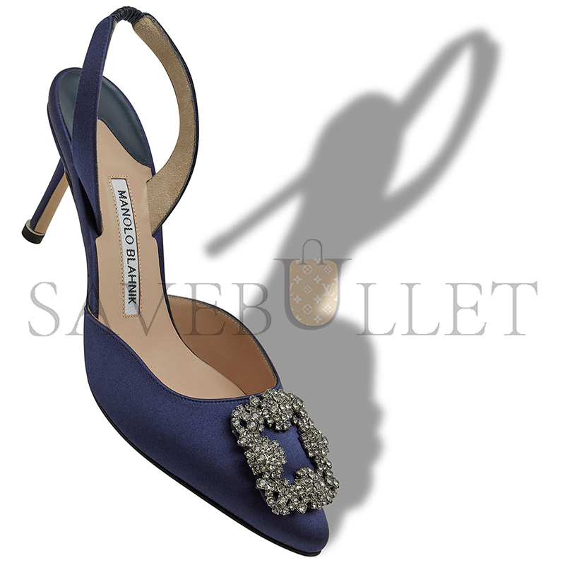 MANOLO BLAHNIK HANGISLI NAVY BLUE SATIN JEWEL BUCKLE SLINGBACK PUMPS 419-0473-0012