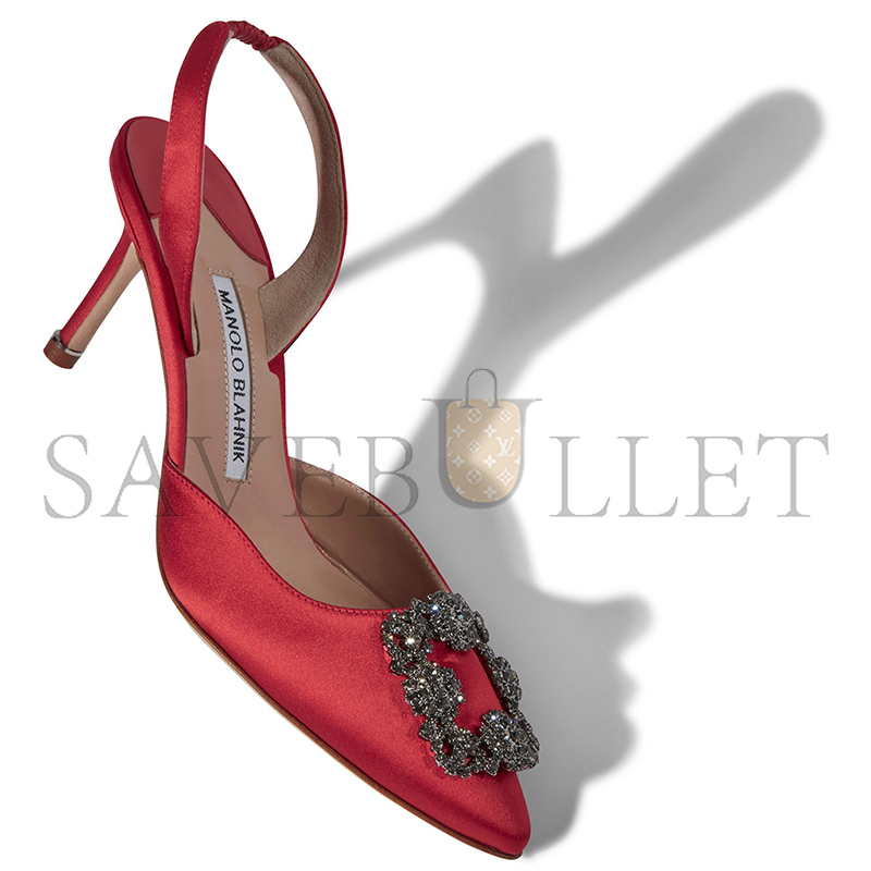 MANOLO BLAHNIK HANGISLI RED SATIN JEWEL BUCKLE SLINGBACK PUMPS 419-0473-0006