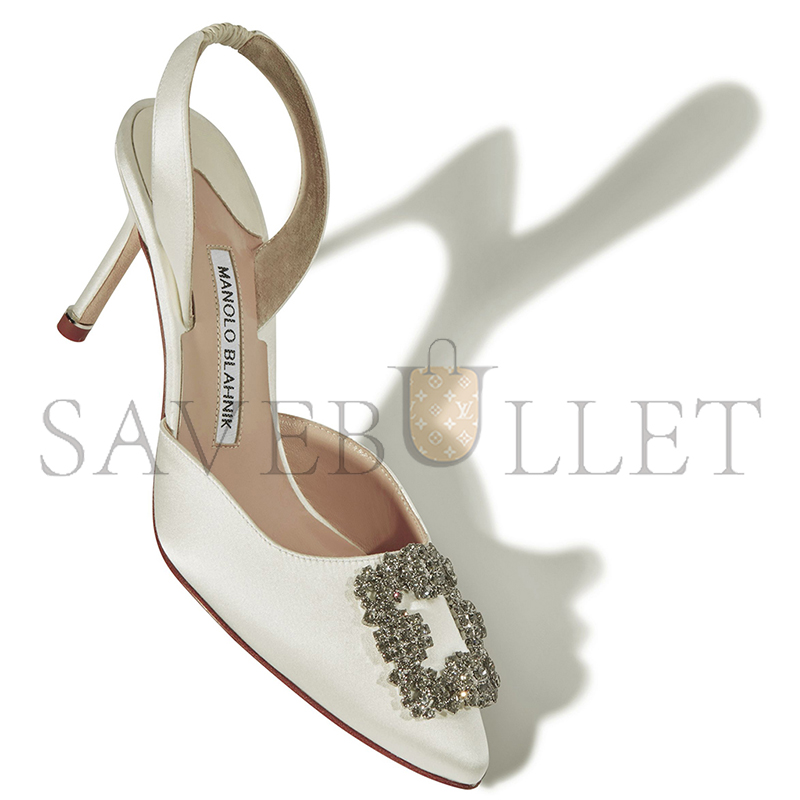 MANOLO BLAHNIK HANGISLI WHITE SATIN JEWEL BUCKLE SLINGBACK PUMPS 419-0473-0005