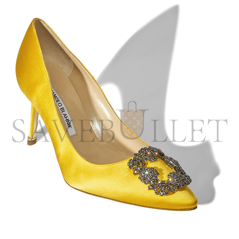 MANOLO BLAHNIK HANGISI 70 YELLOW SATIN JEWEL BUCKLE PUMPS 9XX-0662-0028