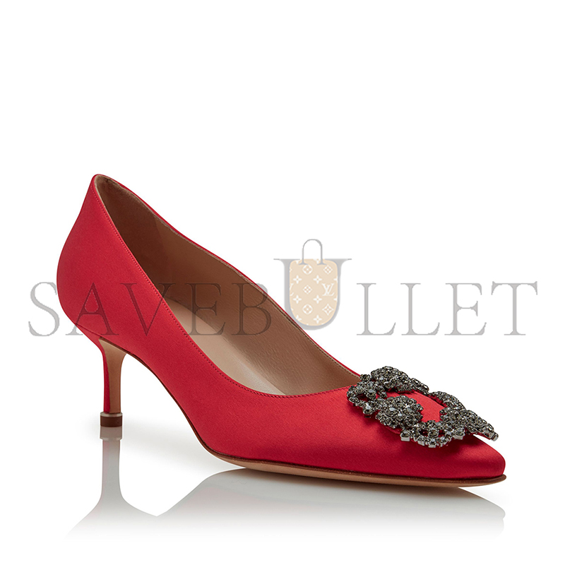 MANOLO BLAHNIK HANGISI 50 RED SATIN JEWEL BUCKLE PUMPS 9XX-0661-0033