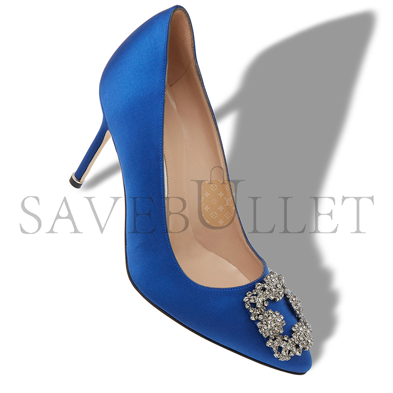 MANOLO BLAHNIK HANGISI 90 BLUE SATIN JEWEL BUCKLE PUMPS 9XX-0663-0048