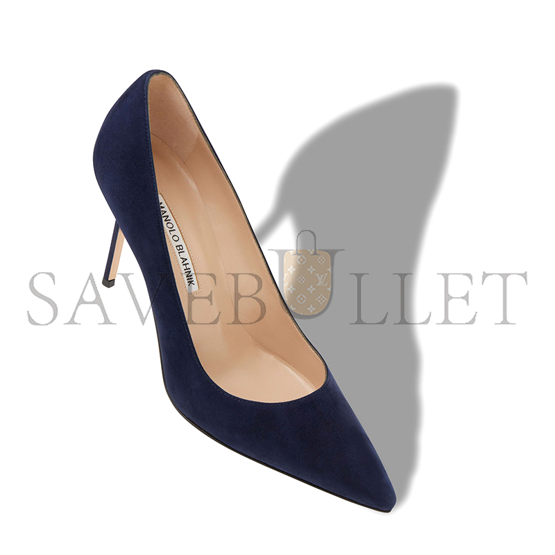 MANOLO BLAHNIK BB 90 NAVY BLUE SUEDE POINTED TOE PUMPS 9XX-0416-0014