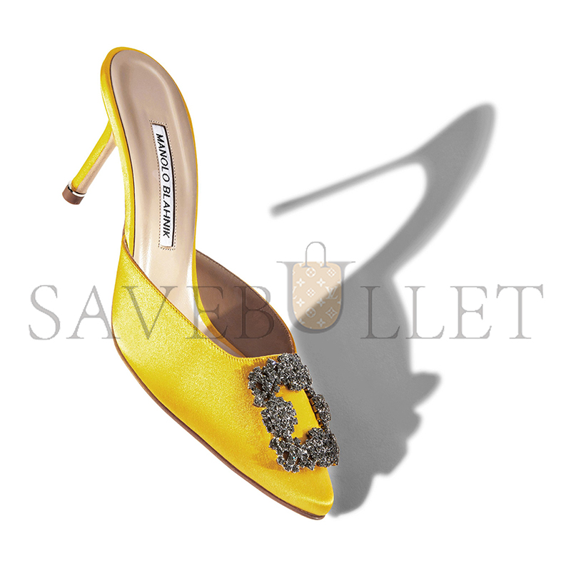MANOLO BLAHNIK HANGISIMU YELLOW SATIN JEWEL BUCKLE MULES 9XX-0726-0056