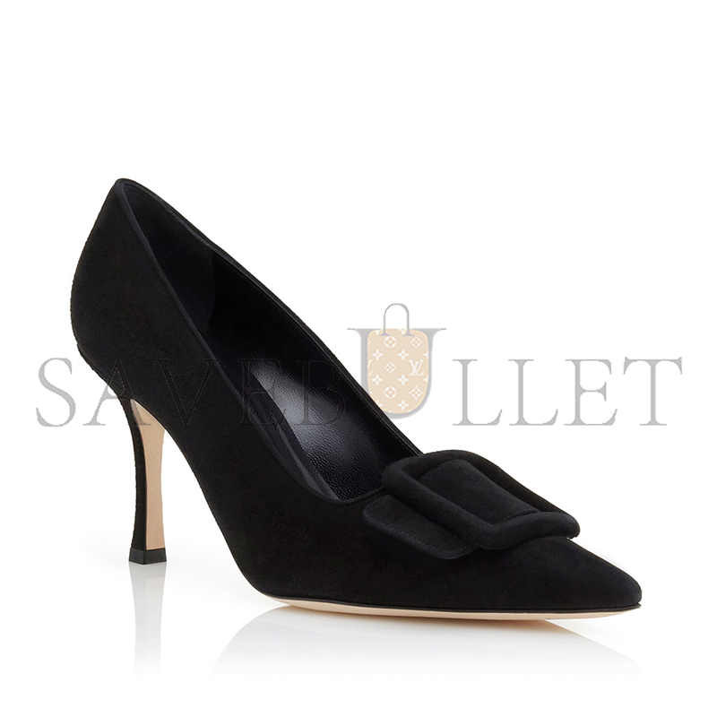 MANOLO BLAHNIK MAYSALEPUMP 90 JET BLACK SUEDE BUCKLE DETAIL PUMPS 219-0174-0005
