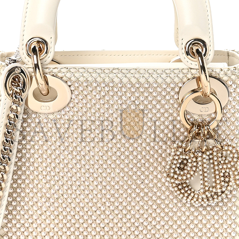 D*or mini lady D*or bag latte calfskin embroidered entirely with white resin pearls (17*15*7cm)