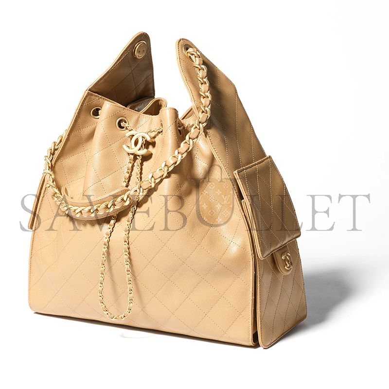 Ch*el 25 medium handbag grained calfskin & gold-tone metal dark beige as5311 (40*30*15cm)