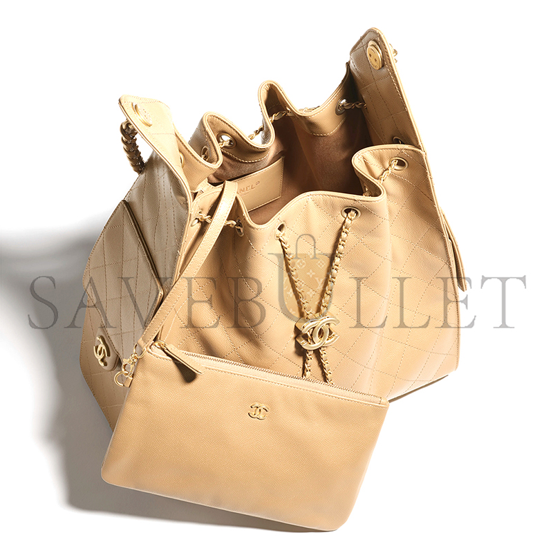 Ch*el 25 medium handbag grained calfskin & gold-tone metal dark beige as5311 (40*30*15cm)