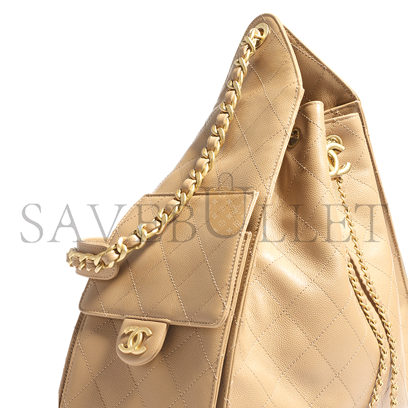 Ch*el 25 medium handbag grained calfskin & gold-tone metal dark beige as5311 (40*30*15cm)