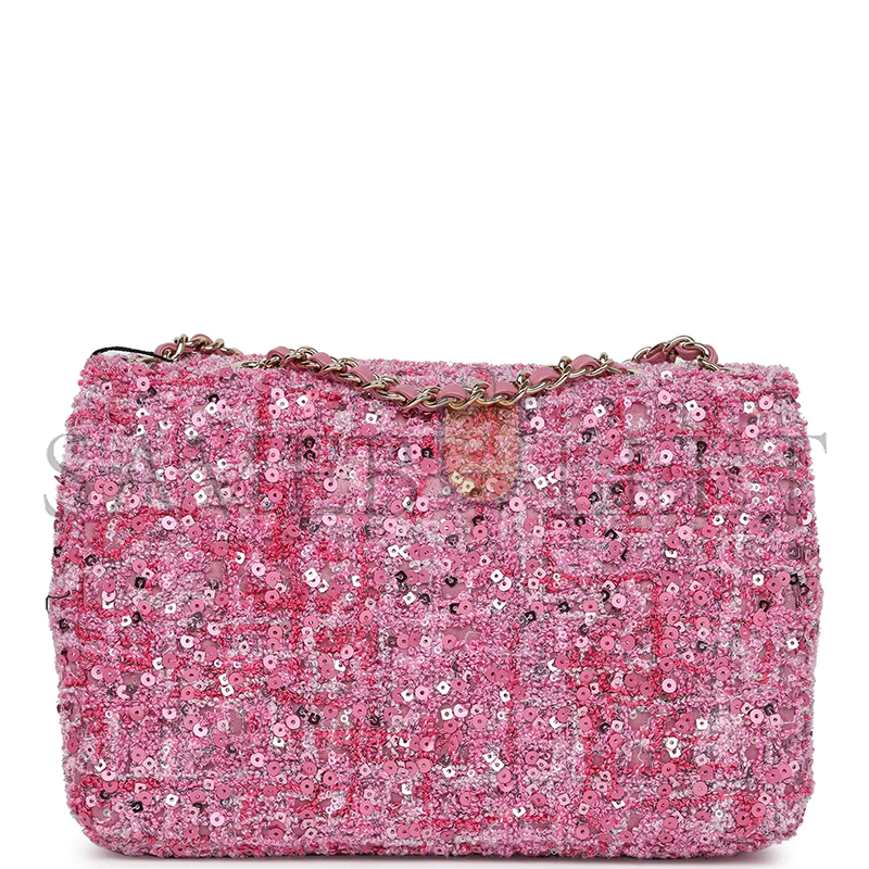 Ch*el mini classic rectangular flap bag pink tweed and sequin gold hardware 192410 (20*13*6cm)