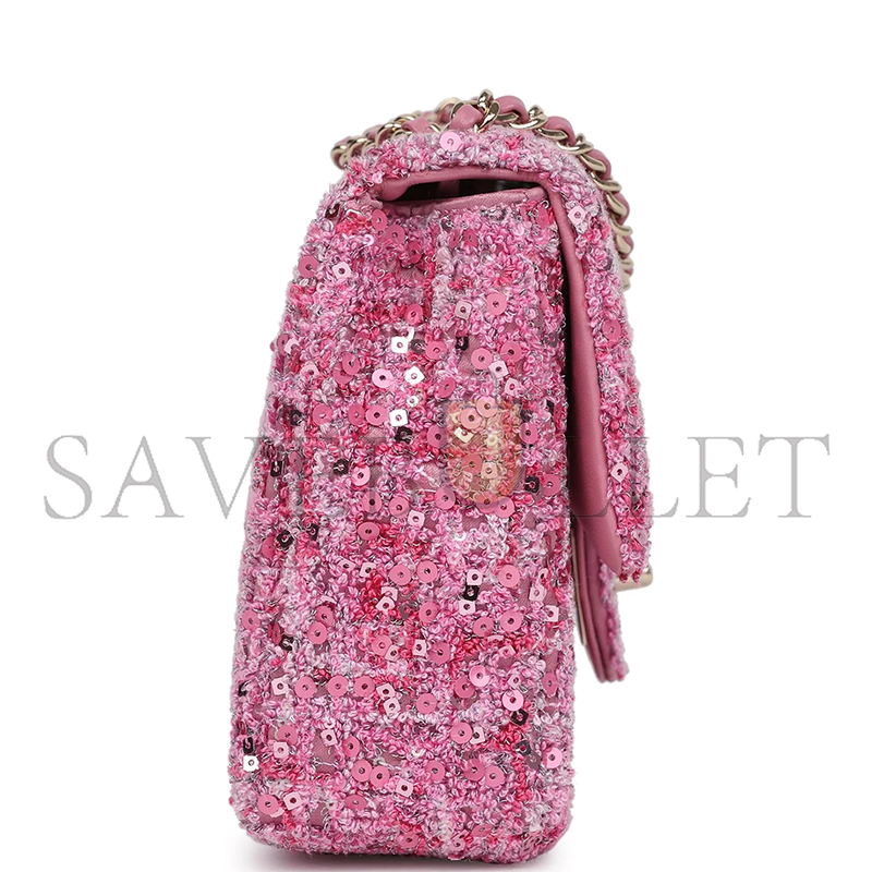 Ch*el mini classic rectangular flap bag pink tweed and sequin gold hardware 192410 (20*13*6cm)