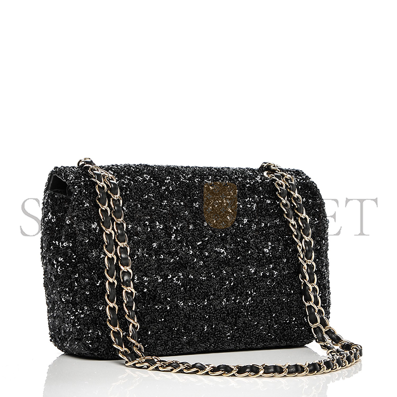 Ch*el sequin embroidered medium flap bag black 189545 (25*16*6cm)