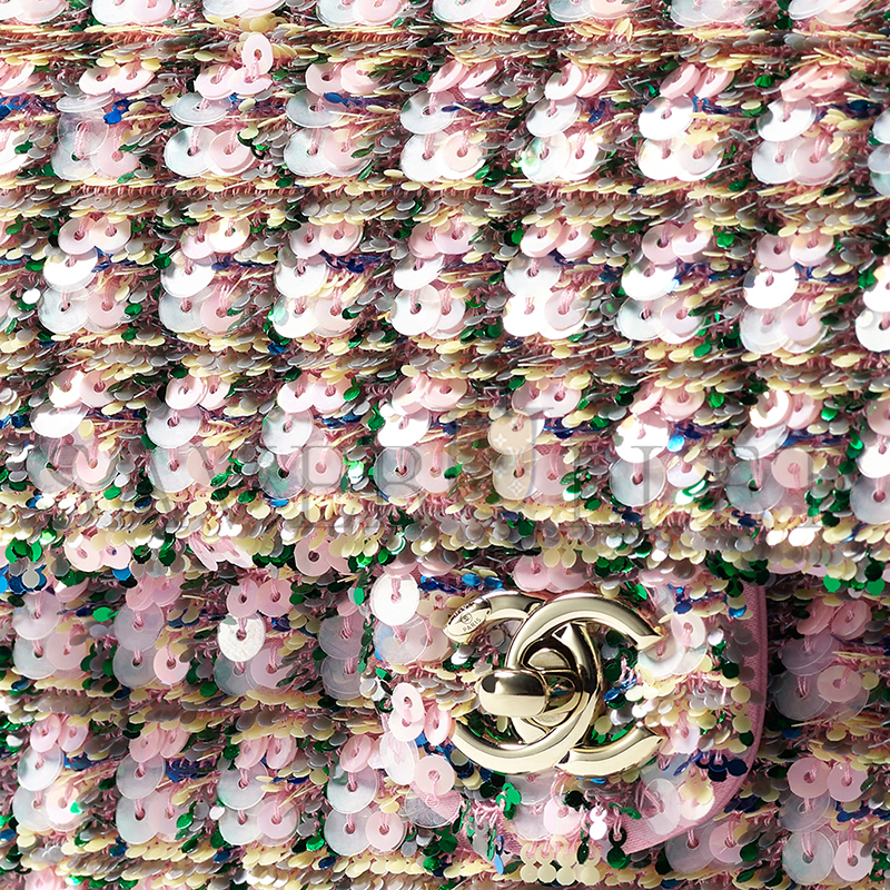 Ch*el flap bag sequins & gold-tone metal light pink, green & yellow as4561 (21*14*8cm)