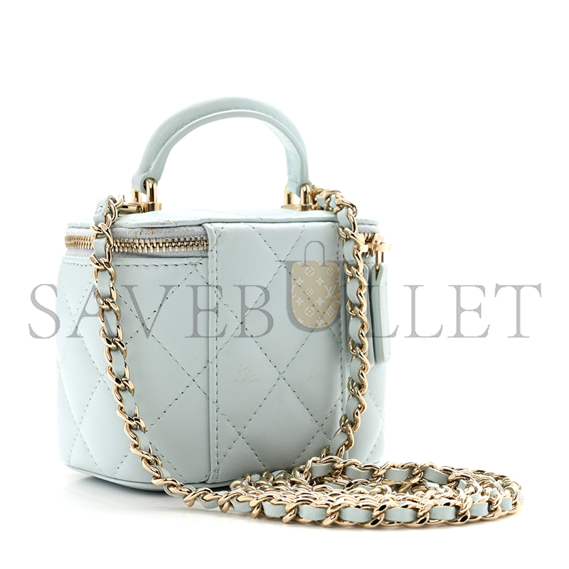 Ch*el lambskin quilted top handle mini vanity case with chain light blue 1671368 (10*9*7cm)