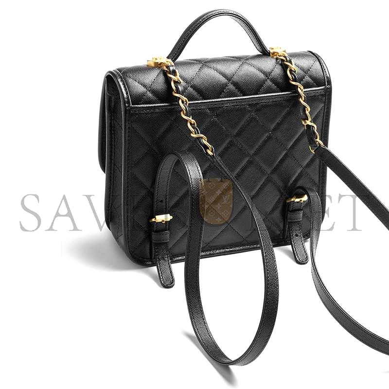 Ch**el backpack grained shiny calfskin & gold-tone metal black as5715 (22*19.5*7cm)