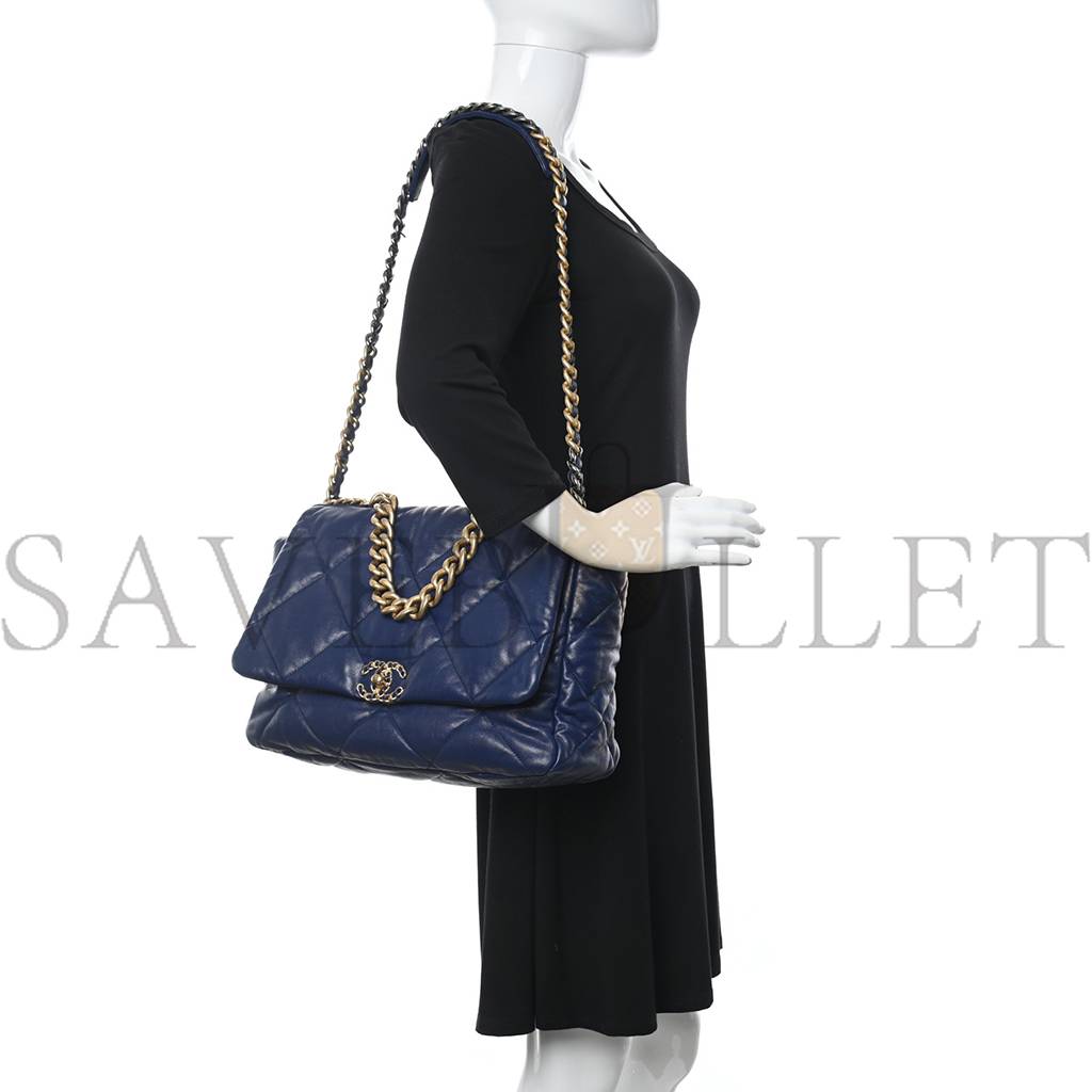 Ch*el goatskin quilted maxi Ch*el 19 flap blue gold hardware (36*24*10cm)