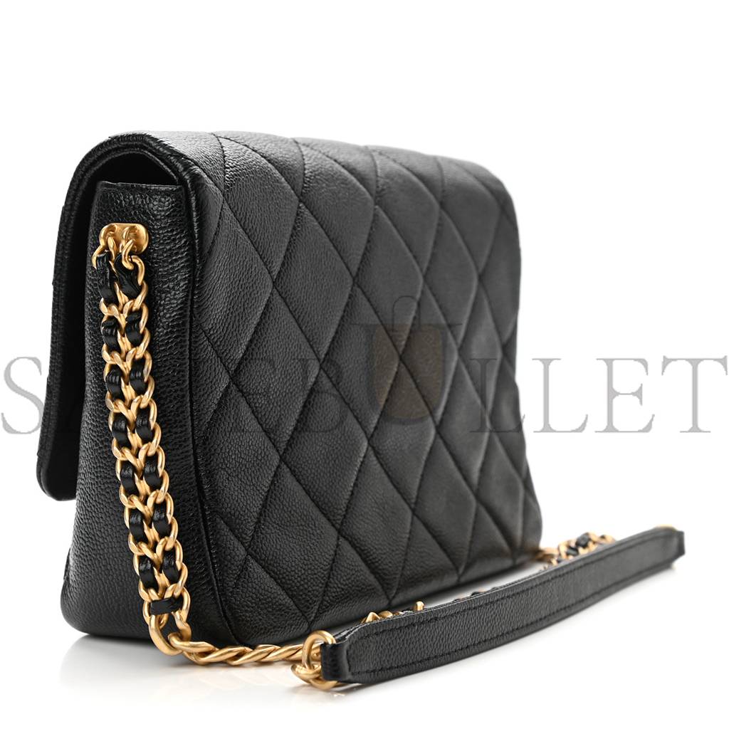 Ch*el shiny caviar quilted small chain melody flap black gold hardware (22*15*6cm)