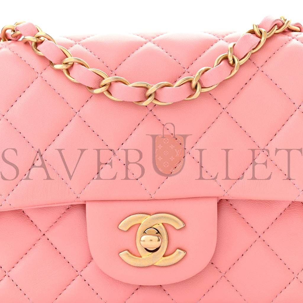 Ch*el lambskin quilted mini rectangular flap pink gold hardware (20*11*6cm)