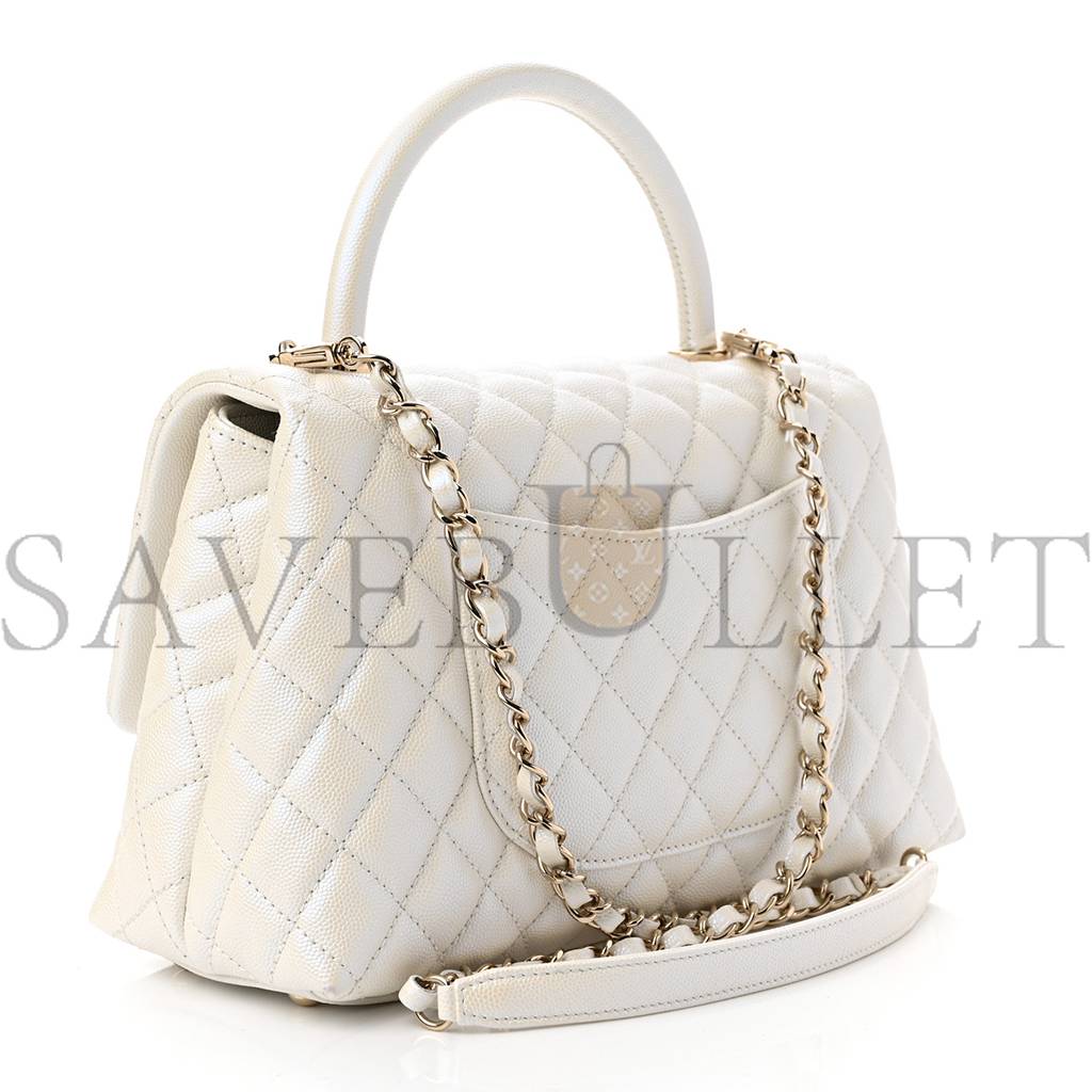 Ch*el iridescent caviar quilted small coco handle flap white rose gold hardware (28*17*11cm)