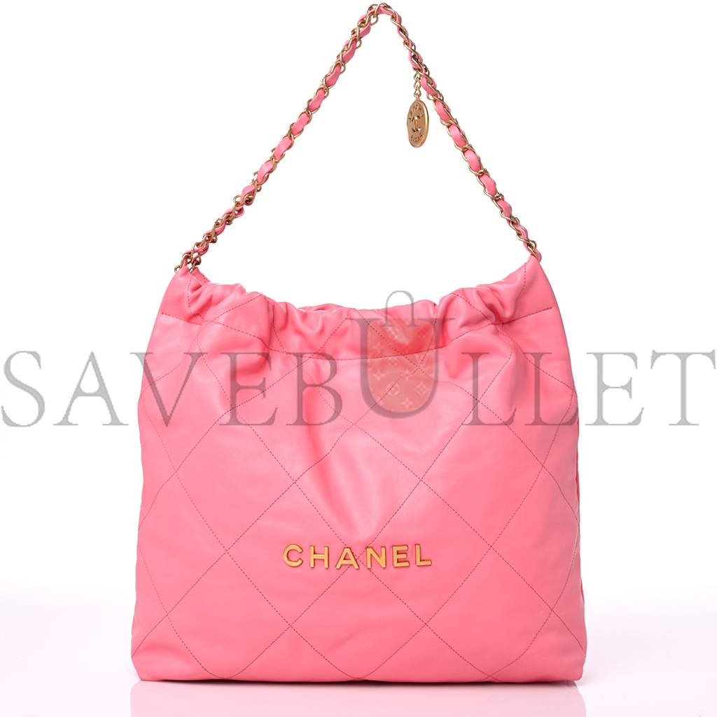 Ch*el shiny calfskin quilted Ch*el 22 drawstring bag coral pink gold hardware (42*39*8cm)