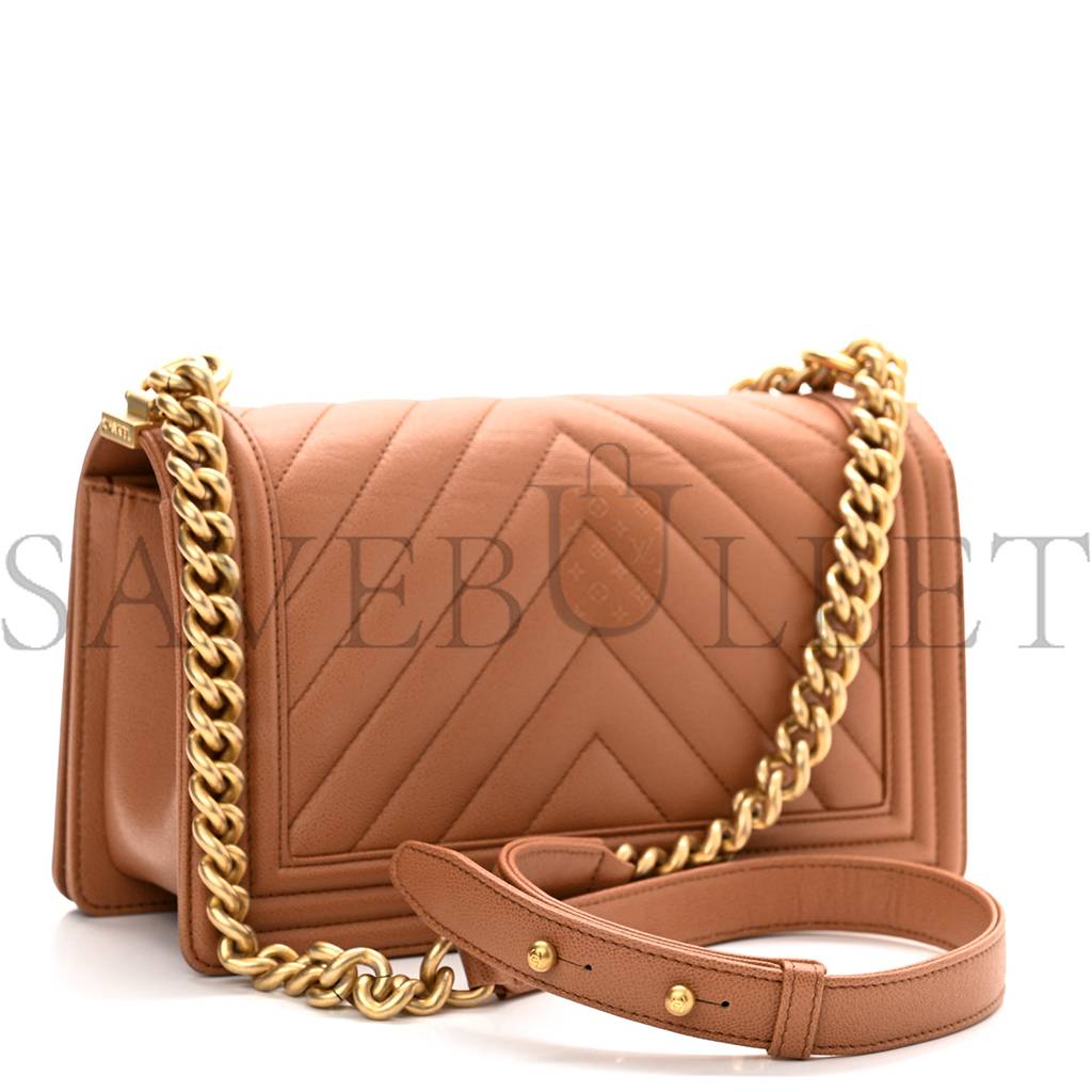 Ch*el caviar chevron quilted medium boy flap brown gold hardware (25*15*6cm)
