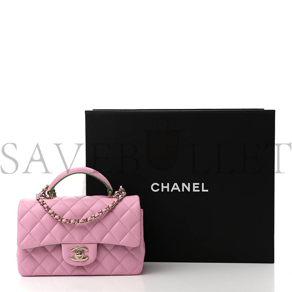 Ch*el lambskin quilted mini top handle rectangular flap lilac light green rose gold hardware (20*12*6cm)