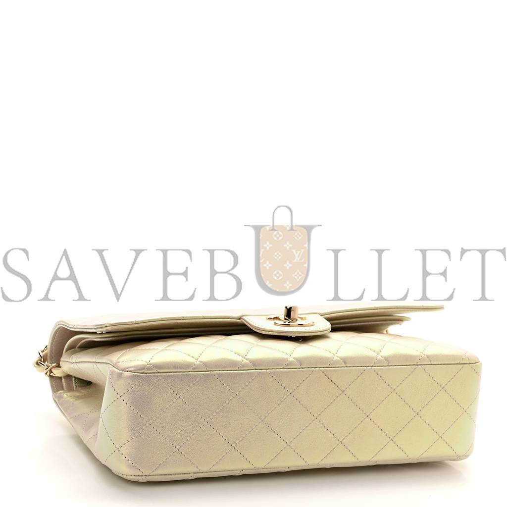 Ch*el iridescent lambskin quilted medium double flap ivory rose gold hardware (25*15*6cm)
