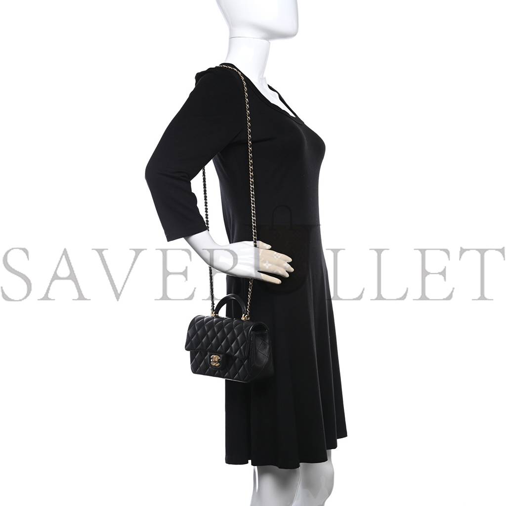 Ch*el lambskin quilted mini top handle rectangular flap black rose gold hardware0 (20*13*6cm)