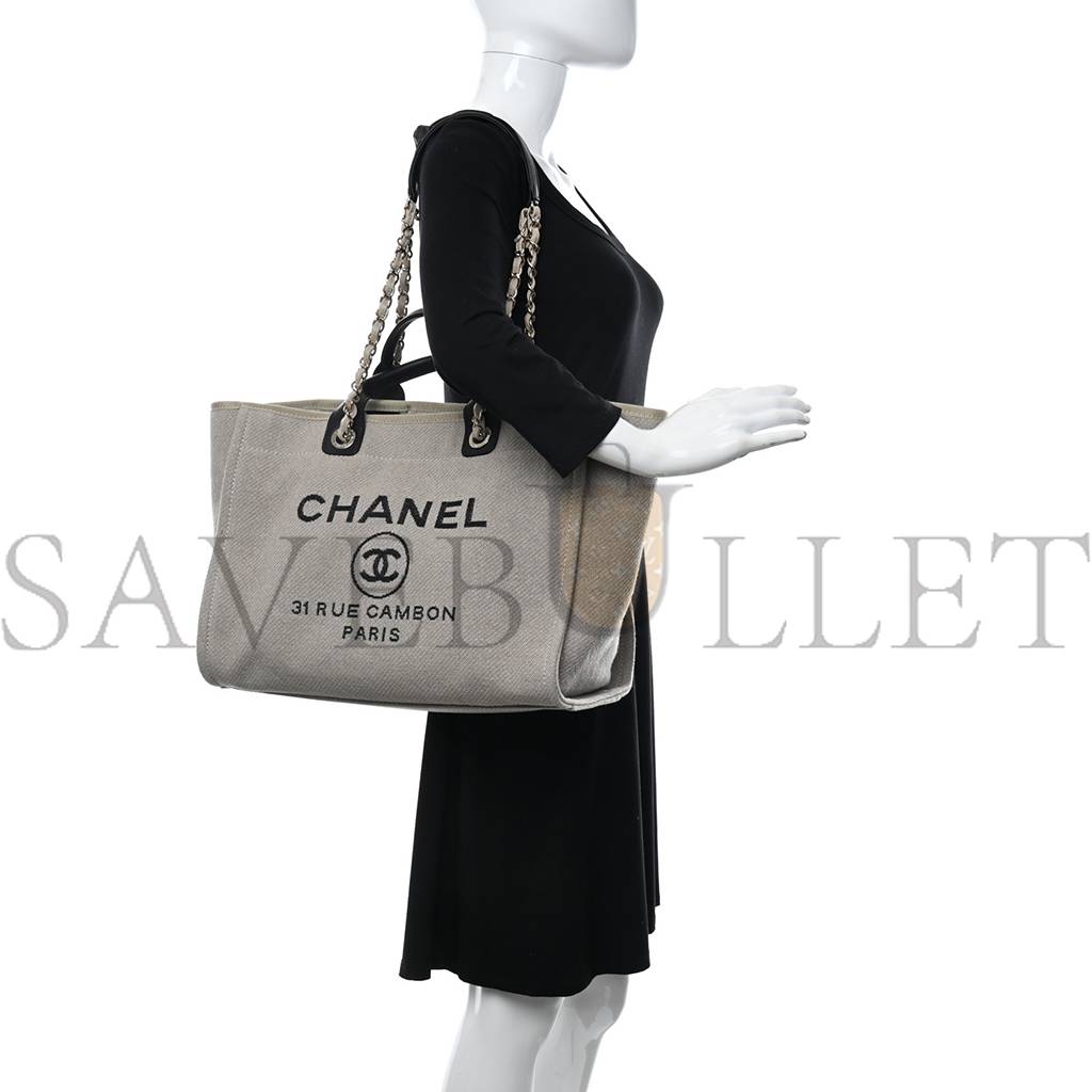 Ch*el mixed fibers medium deauville tote beige black (38*28*20cm)