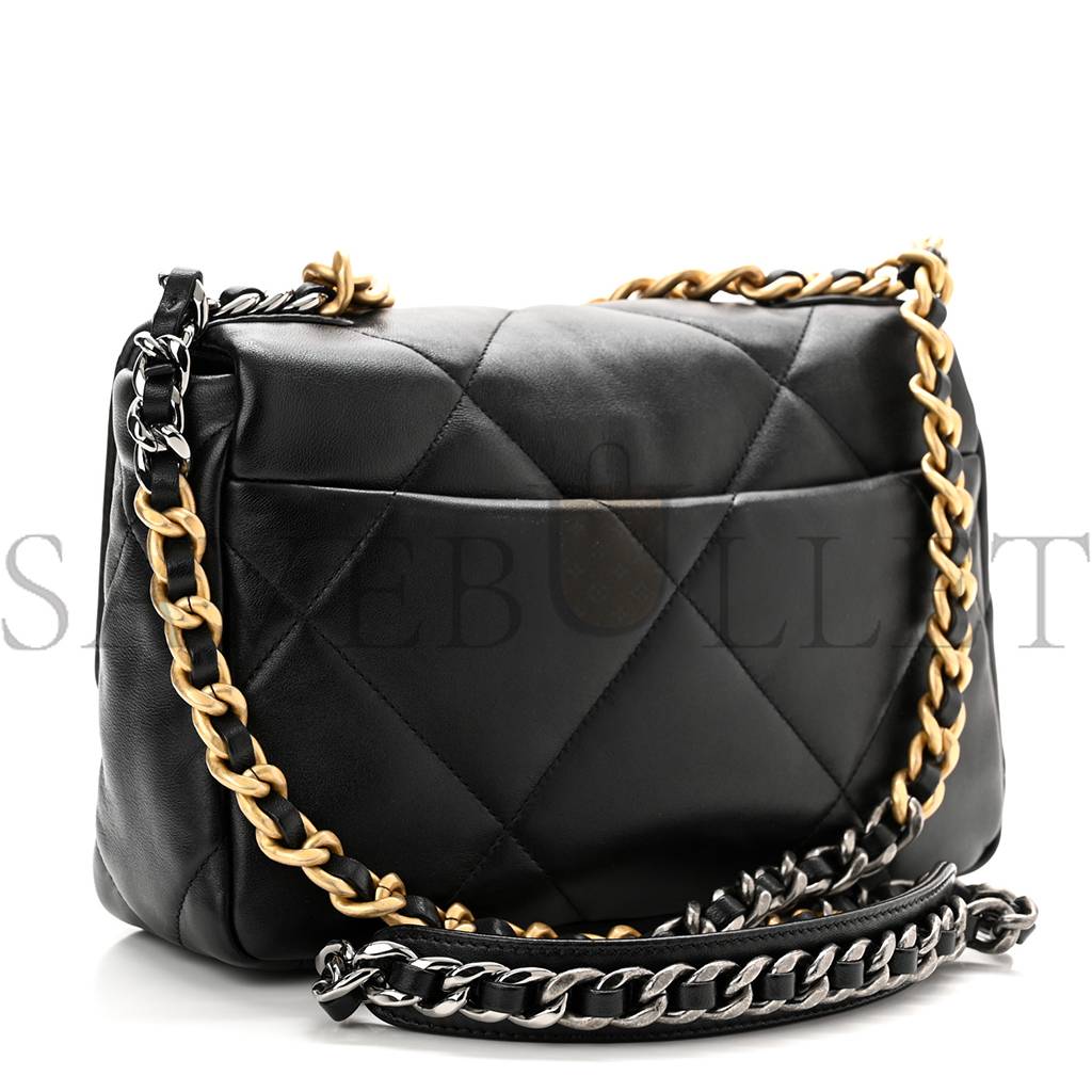 Ch*el lambskin quilted medium Ch*el 19 flap black gold hardware (25*16*7cm)
