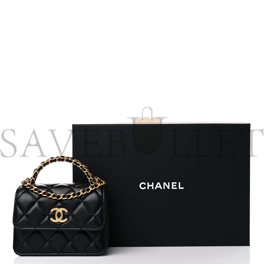 Ch*el lambskin quilted chain top handle clutch with chain black gold hardware (13*10*6cm)