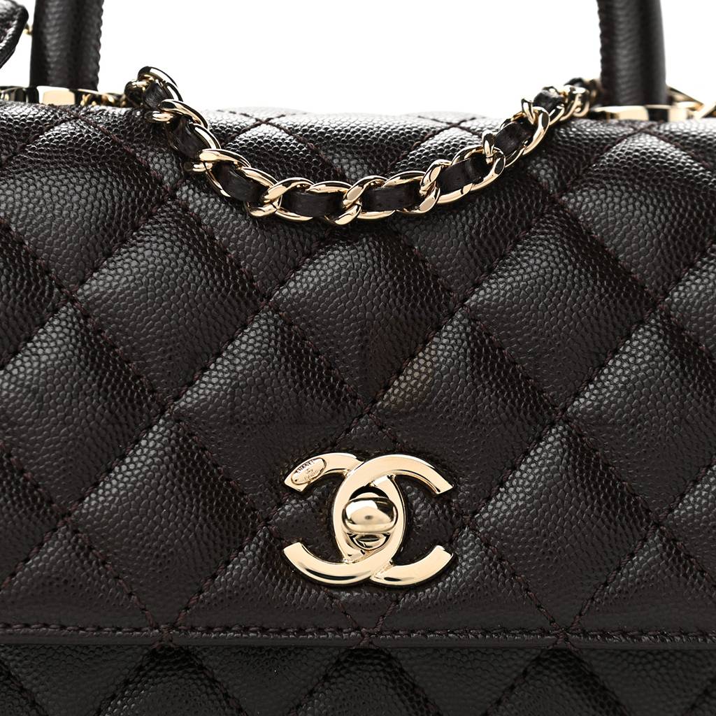 Ch*el caviar quilted mini coco handle flap dark brown rose gold hardware (23*14*10cm)